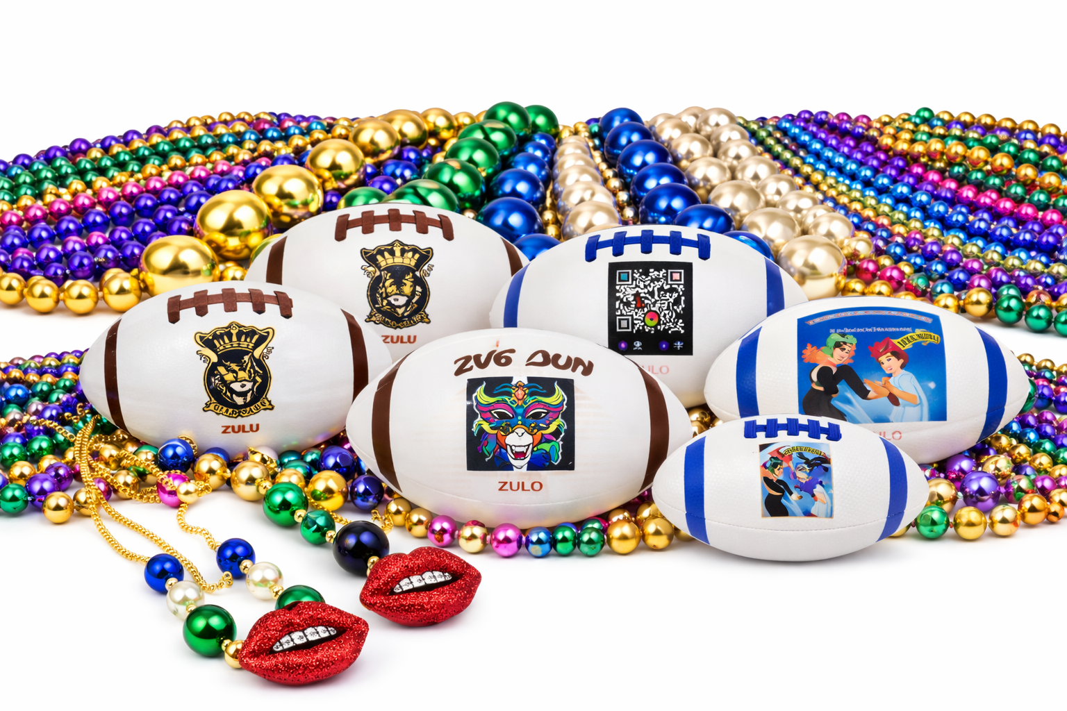 Footballs with various designs and colors surrounded by colorful beads on a white background