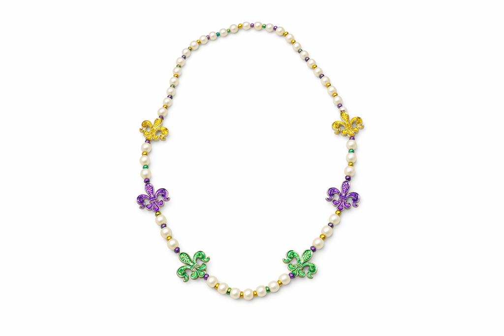 Pearl Mardi Gras necklace with purple, green, and gold fleur de lis medallion beads on a white background